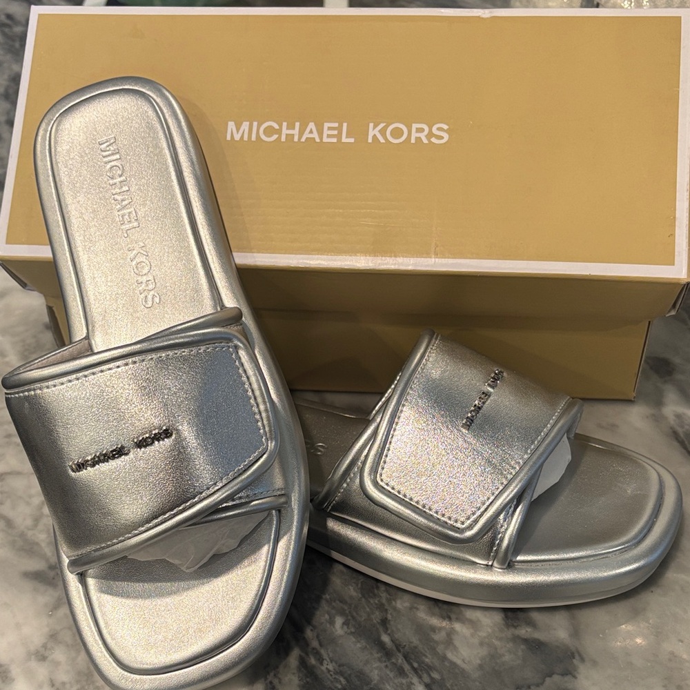 Michael Kors Shimmering Silver Slide Sandals